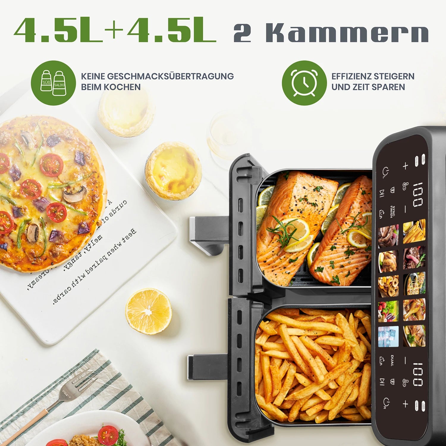 Friteuse à air intelligente 9 L – Double panier, fenêtre de cuisson et écran tactile LED