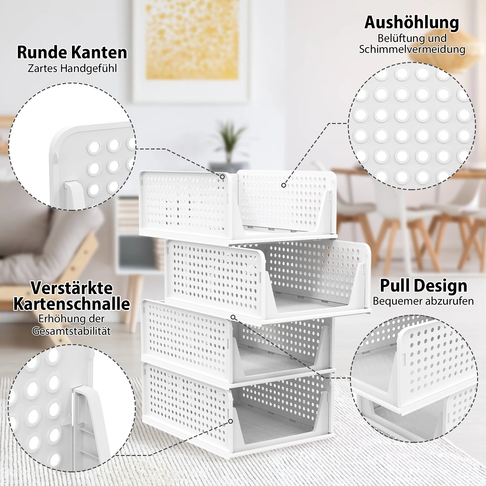 Foldable stackable storage closet, one set of 4 packs of ventilated perforation, extendable design, space saving for kitchen bathroom living room