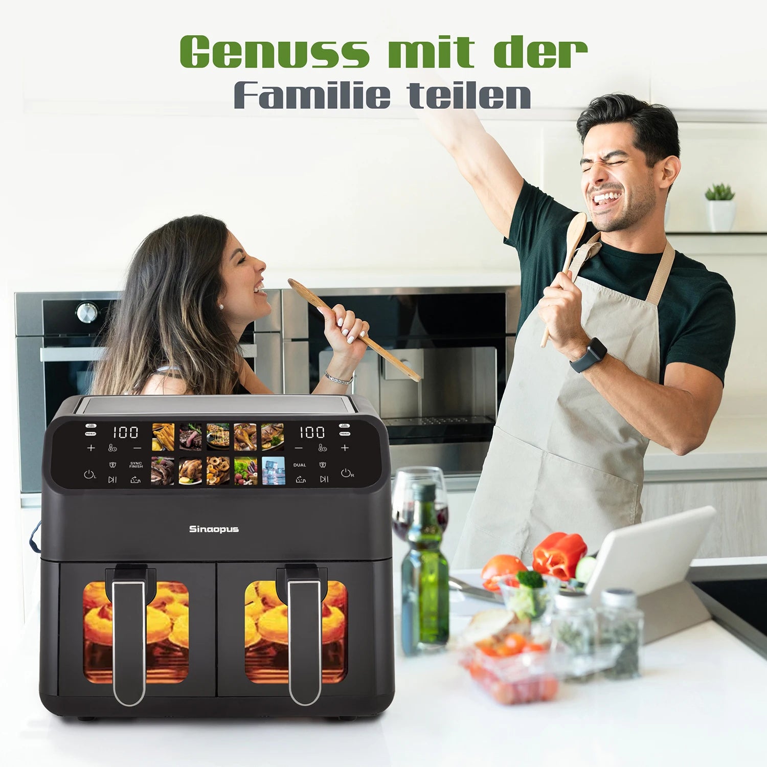 Friteuse à air intelligente 9 L – Double panier, fenêtre de cuisson et écran tactile LED