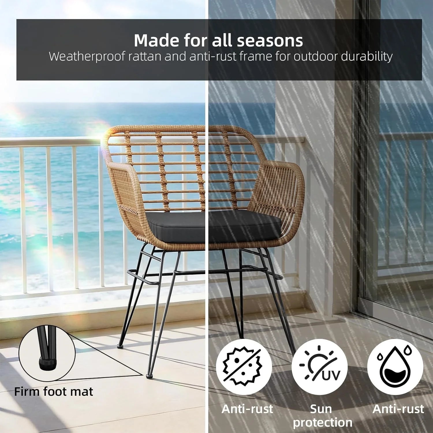 Outdoor rattan seating set, furniture for 2 people, 3 pieces. Bistro set, balcony furniture, garden furniture set with 2 chairs + balcony furniture set for the garden, patio, and balcony