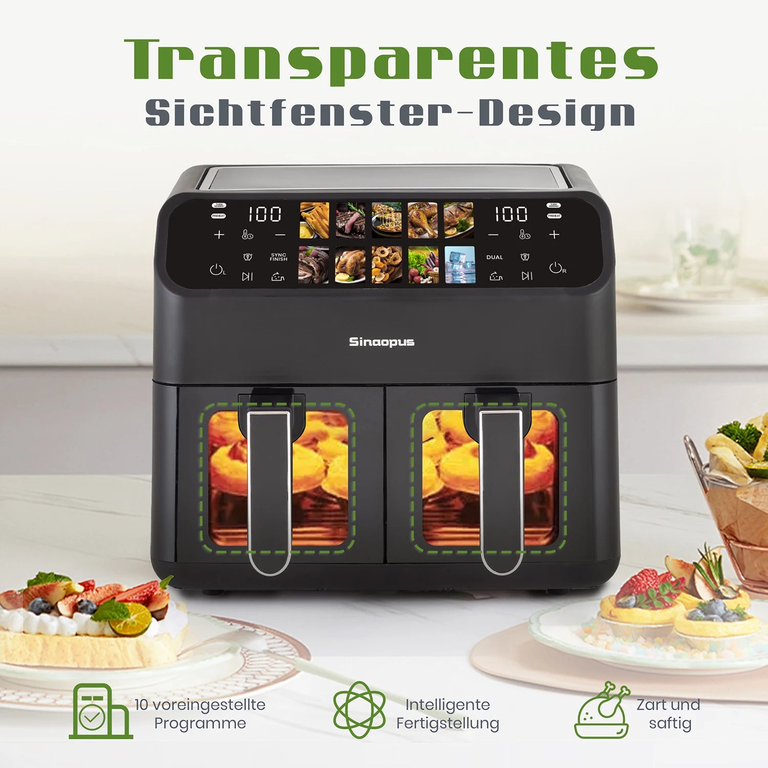 Friteuse à air intelligente 9 L – Double panier, fenêtre de cuisson et écran tactile LED