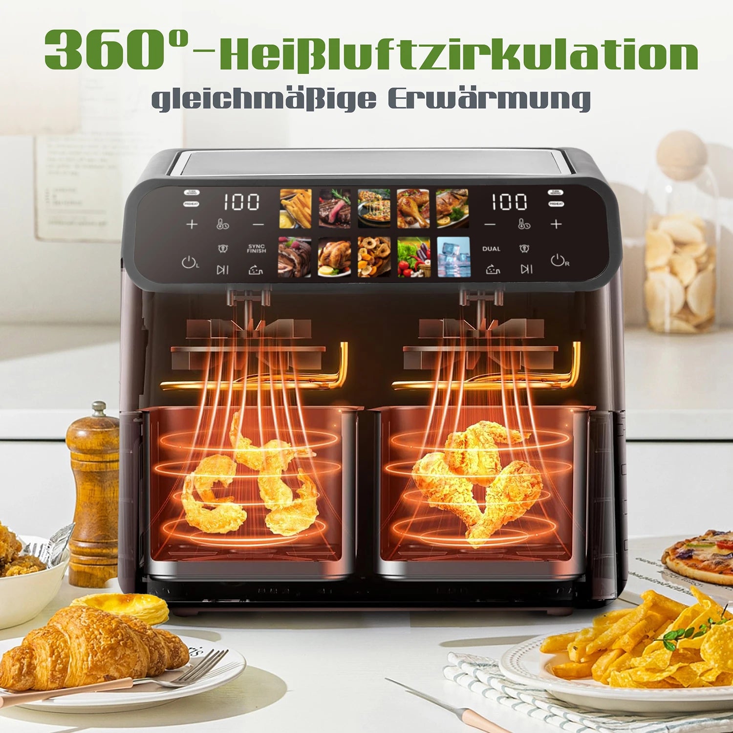 Friteuse à air intelligente 9 L – Double panier, fenêtre de cuisson et écran tactile LED