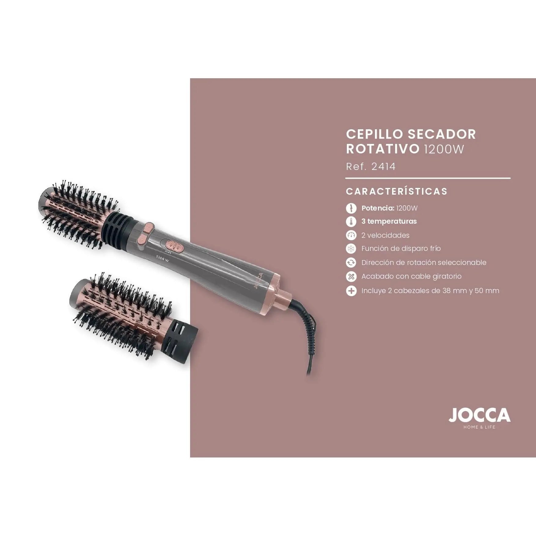 Brosse soufflante rotative 3-en-1 – Sèche-cheveux, boucleur et volumisateur, 3 niveaux de température, 2 vitesses, tête rotative dans les deux sens, 2 brosses interchangeables (38 mm et 50 mm), revêtement en céramique, câble rotatif à 360°, fonction air f