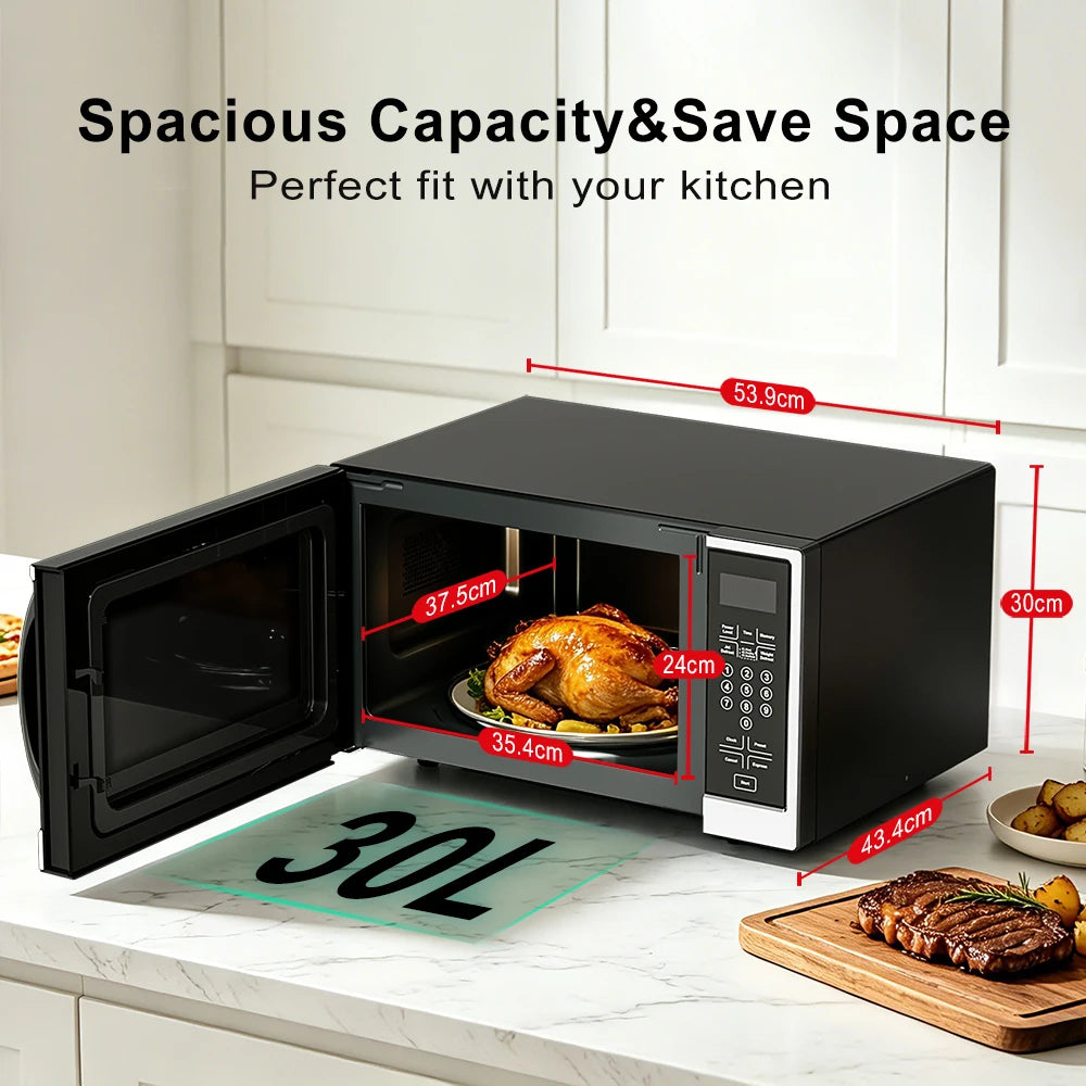 Galanz 30L Microwave Oven, 900W with 11 Power Levels, Digital Control, Fast Defrost, Easy to Clean Interior, Black & Silver Design for Home Kitchen Use