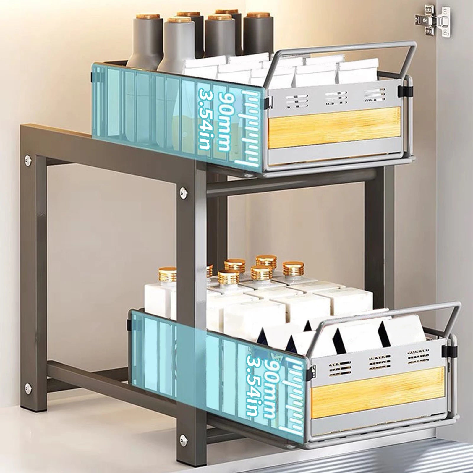 2 Tier Pull Out Cabinet Organizer Adjustable Kitchen Storage Rack Under Sink Organizer Spice Storage Rack Sliding Storage Drawer