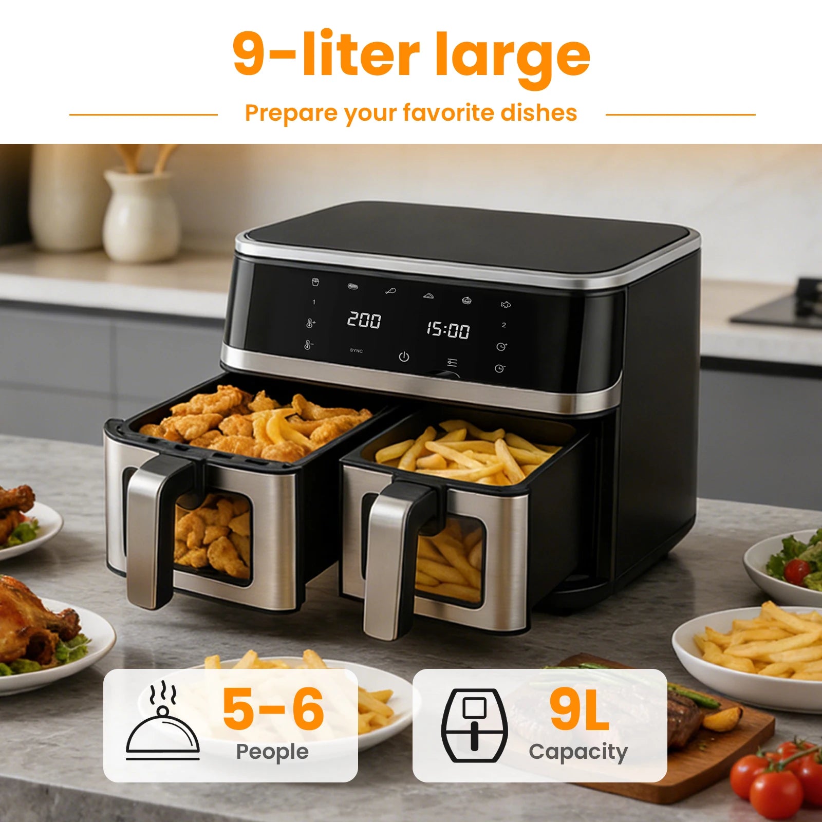 Friteuse à air double panier 9 L – 12 programmes, écran tactile et fenêtre transparente