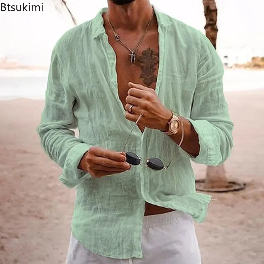 2026 Men's Cotton Linen Shirts Top Simple Laple Solid  Man Shirts Tops Comfortable Loose Casual Holiday Shirts for Men Blouses