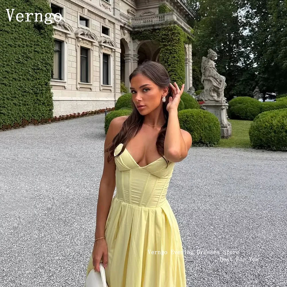 Verngo Baby Yellow Crepe Evening Dress Sweetheart A Line Pleated Prom Gowns Modern Simple Party Dresses Customized