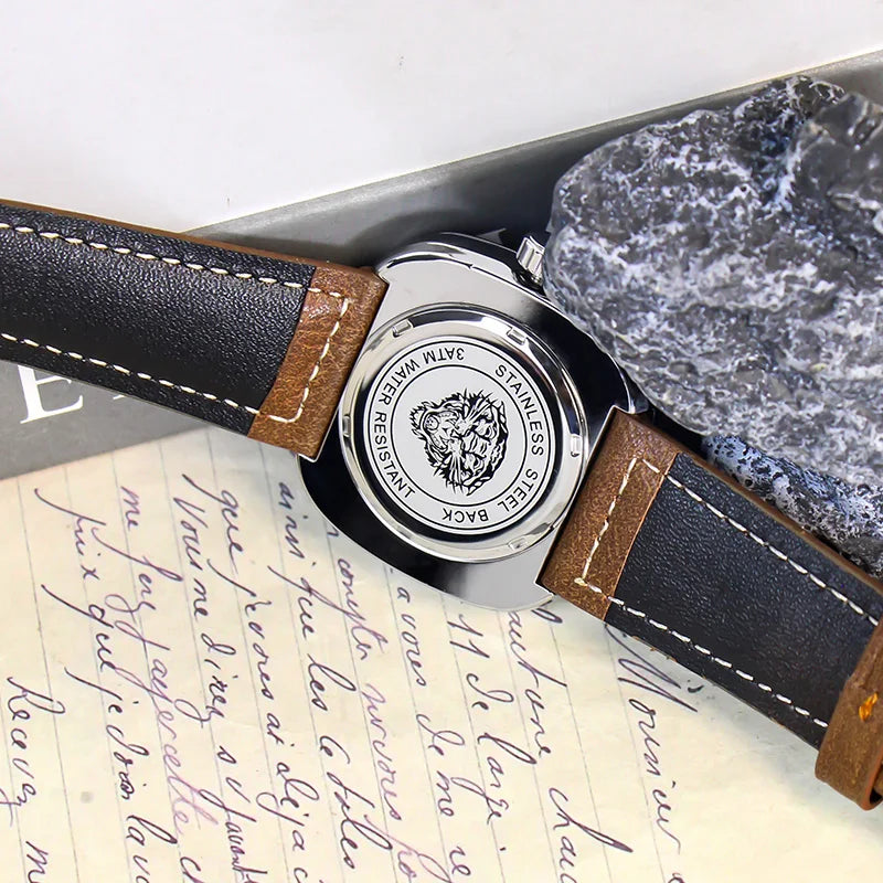 Men's Brown Leather Belt Sports Fashion Compass Calendar Quartz Watch
