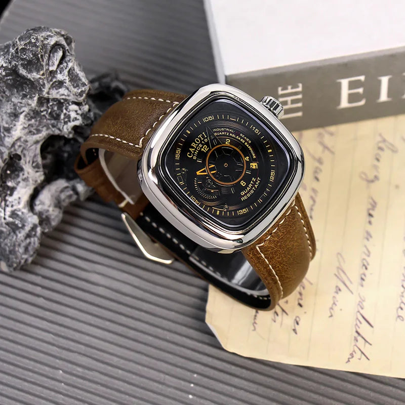 Men's Brown Leather Belt Sports Fashion Compass Calendar Quartz Watch
