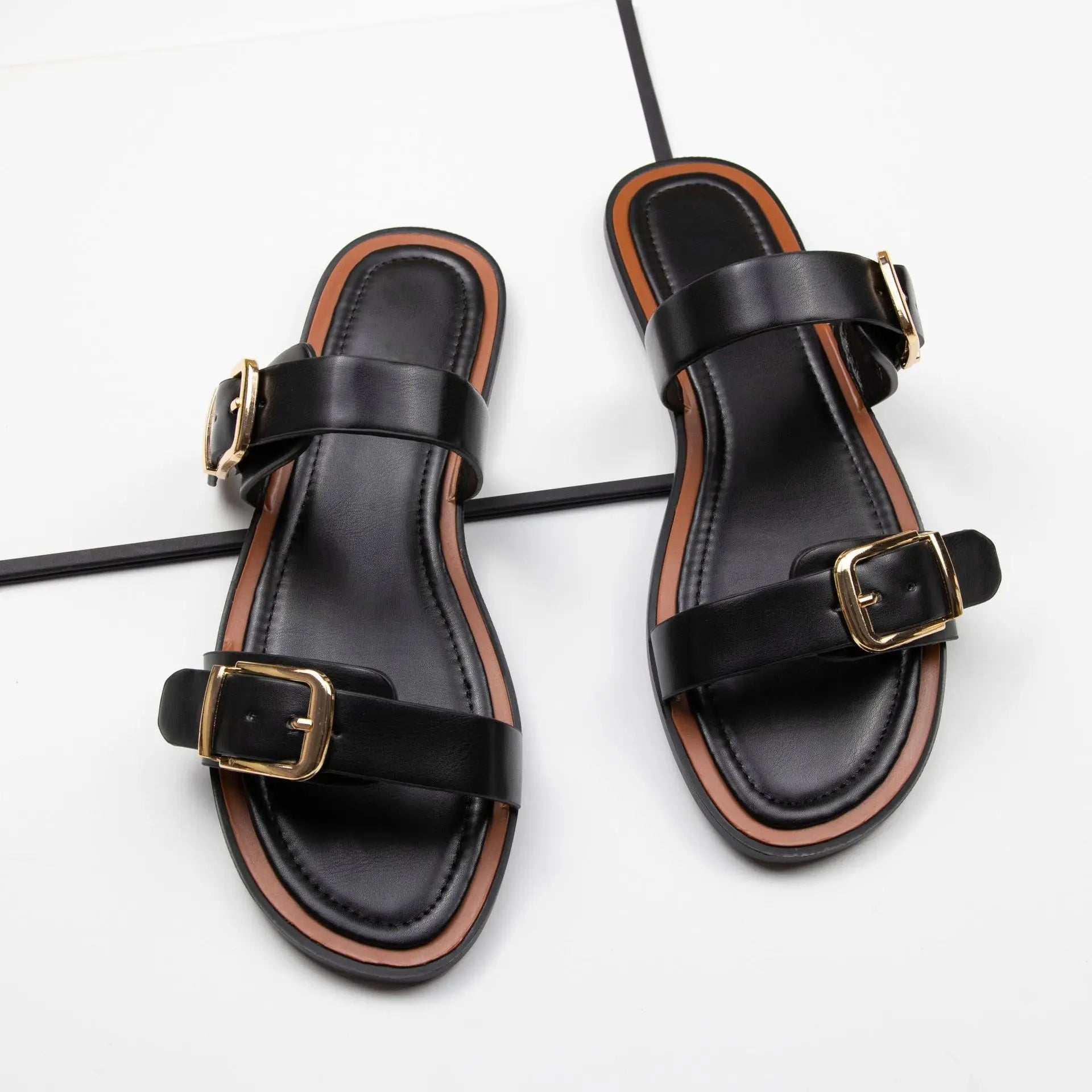 Ladies Casual Buckle Strap Flat Sandals – Open Toe Leather Slide Slippers for Summer Beach & Daily Use