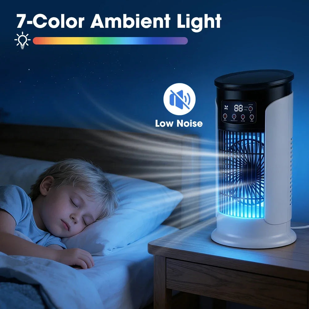 Mini climatiseur d’air portable 3-en-1 – Ventilateur, humidificateur et veilleuse LED