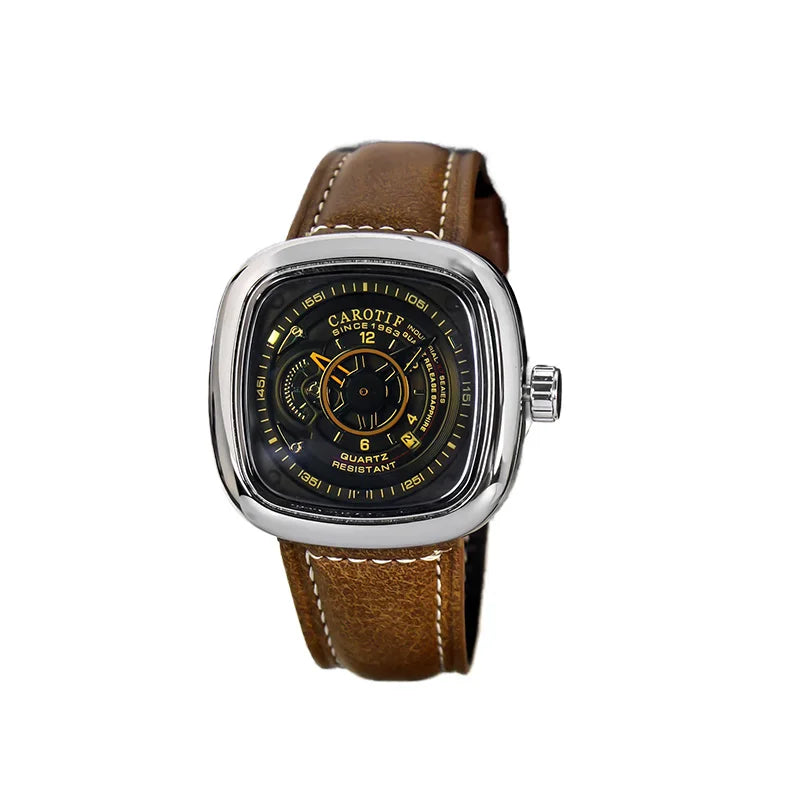Men's Brown Leather Belt Sports Fashion Compass Calendar Quartz Watch