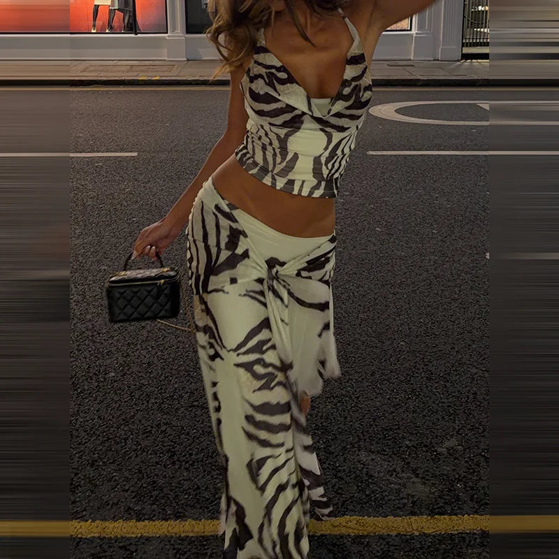 2026 Summer Women Zebra Print Mesh Matching Set Halter Cowl Neck Open Back Crop Top  Wrap Maxi Skirt Vacation Night Out Outfit