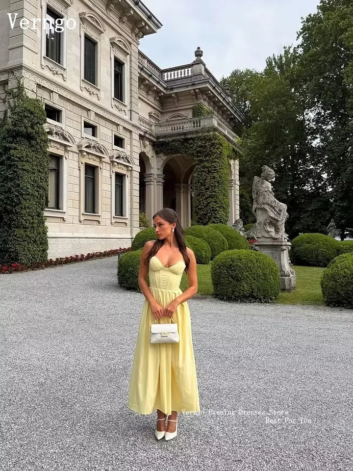 Verngo Baby Yellow Crepe Evening Dress Sweetheart A Line Pleated Prom Gowns Modern Simple Party Dresses Customized