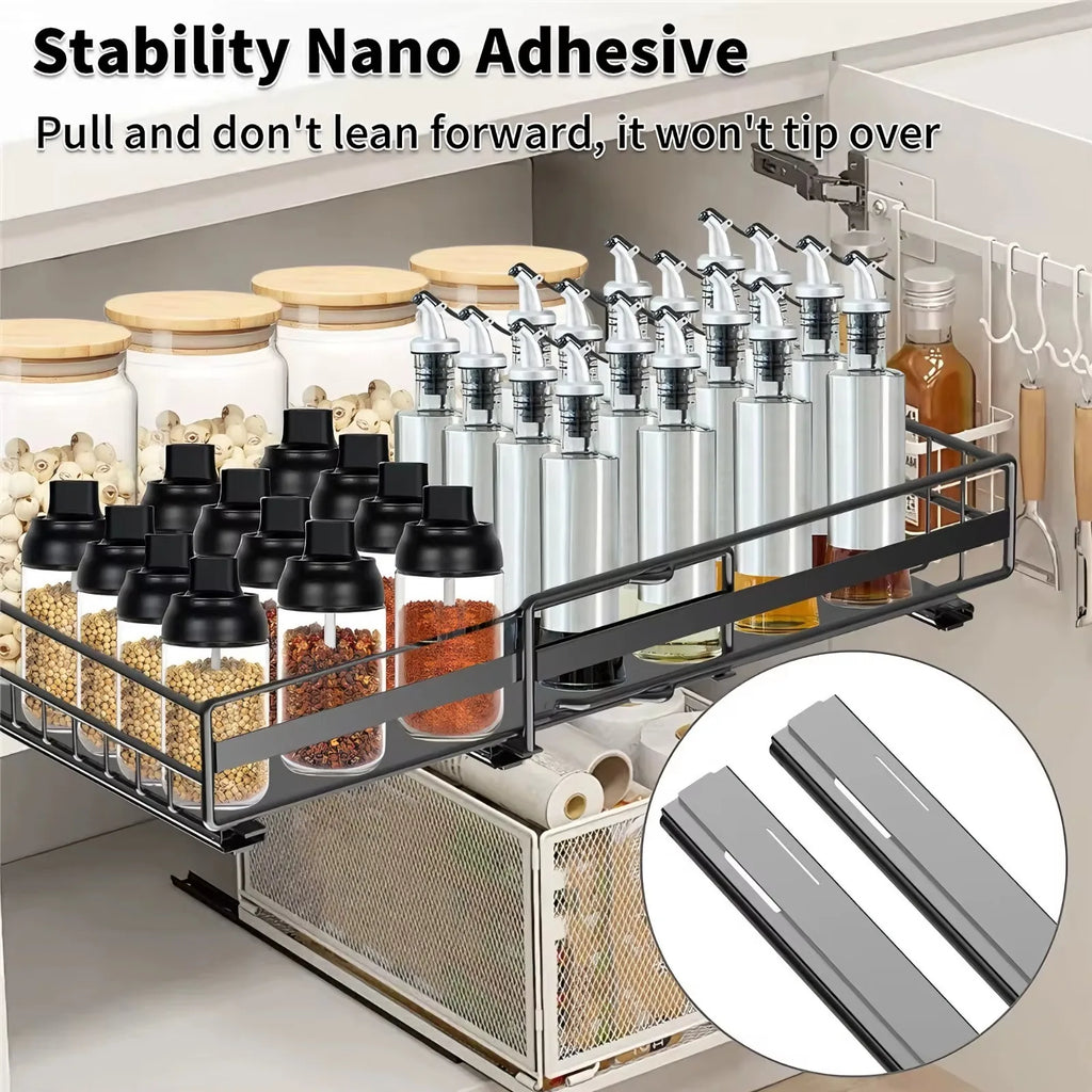 2Pcs Pull-out Cabinet Storage Rack Kitchen Scalable No-drilling Sliding Storage Drawer Racks for Seasoning&Sundries Organizer