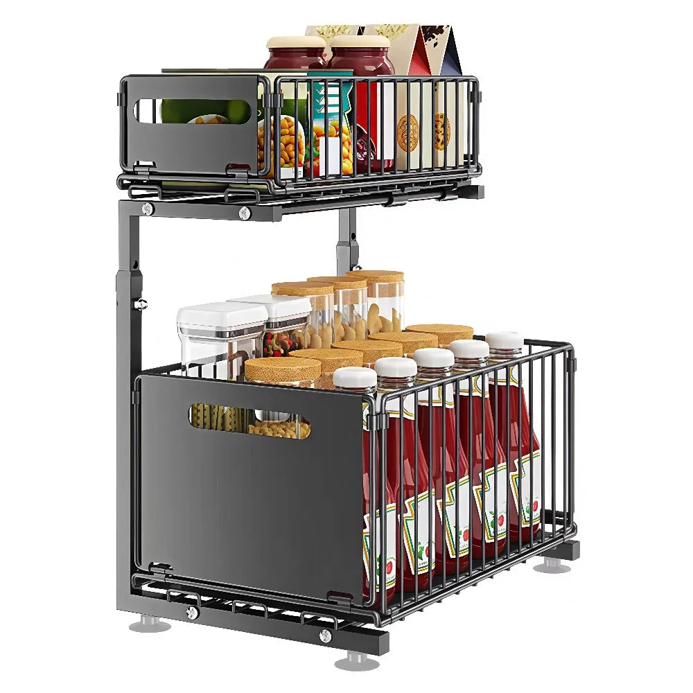2 Tier Pull Out Cabinet Organizer Adjustable Kitchen Storage Rack Under Sink Organizer Spice Storage Rack Sliding Storage Drawer