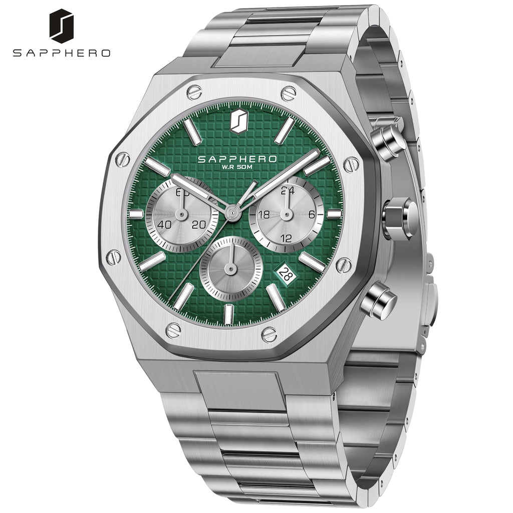 SAPPHERO Men’s Chronograph Quartz Watch 50M Waterproof Stainless Steel Sport Business Luxury Wristwatch Blue Dial