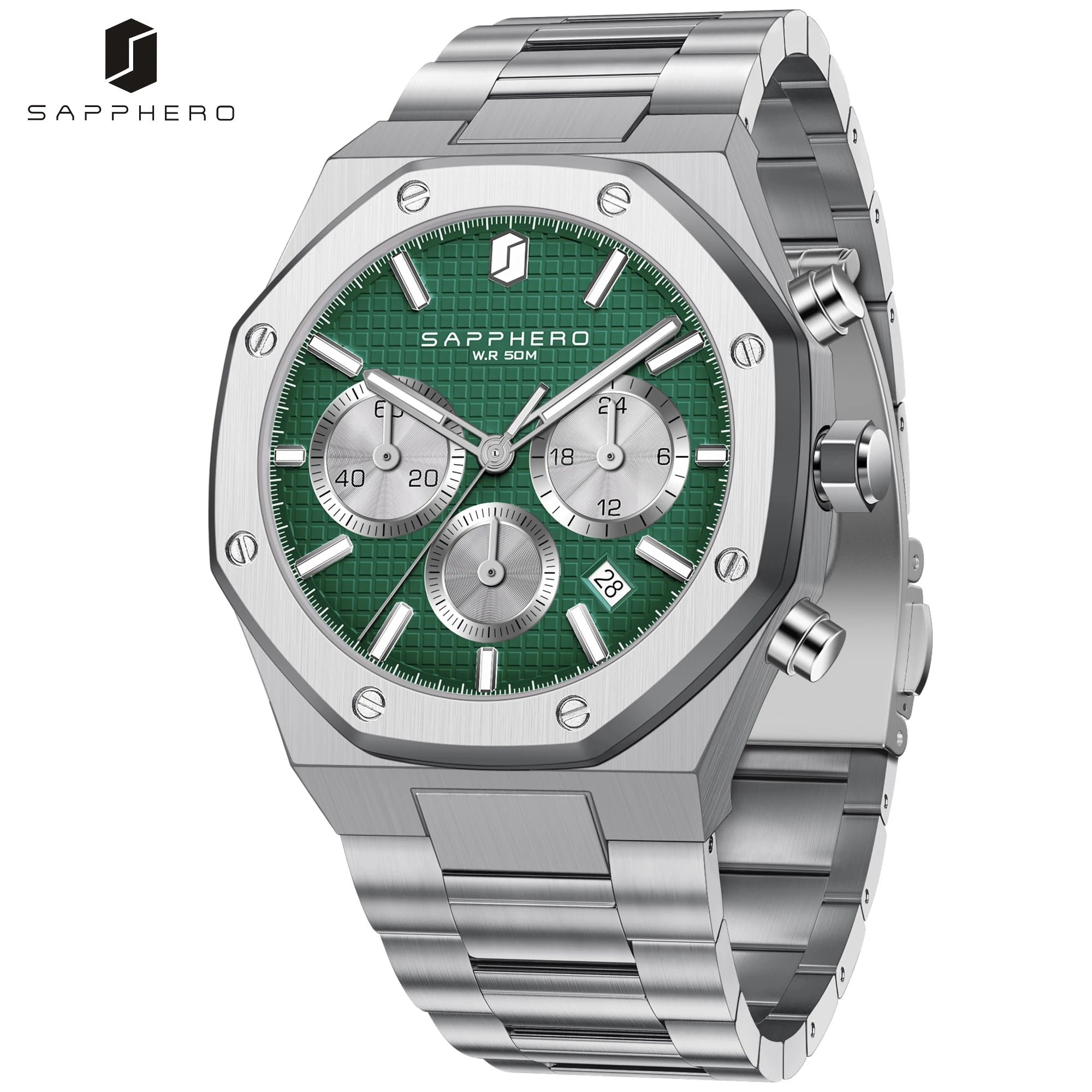 SAPPHERO Men’s Chronograph Quartz Watch 50M Waterproof Stainless Steel Sport Business Luxury Wristwatch Blue Dial