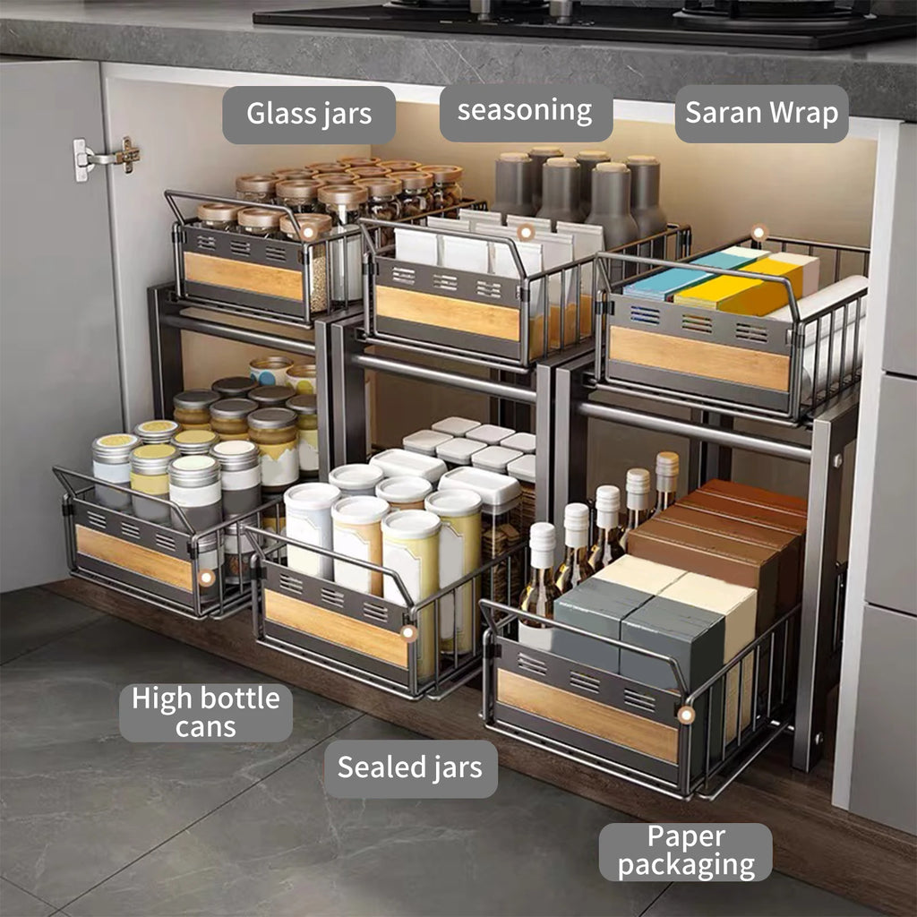 2 Tier Pull Out Cabinet Organizer Adjustable Kitchen Storage Rack Under Sink Organizer Spice Storage Rack Sliding Storage Drawer