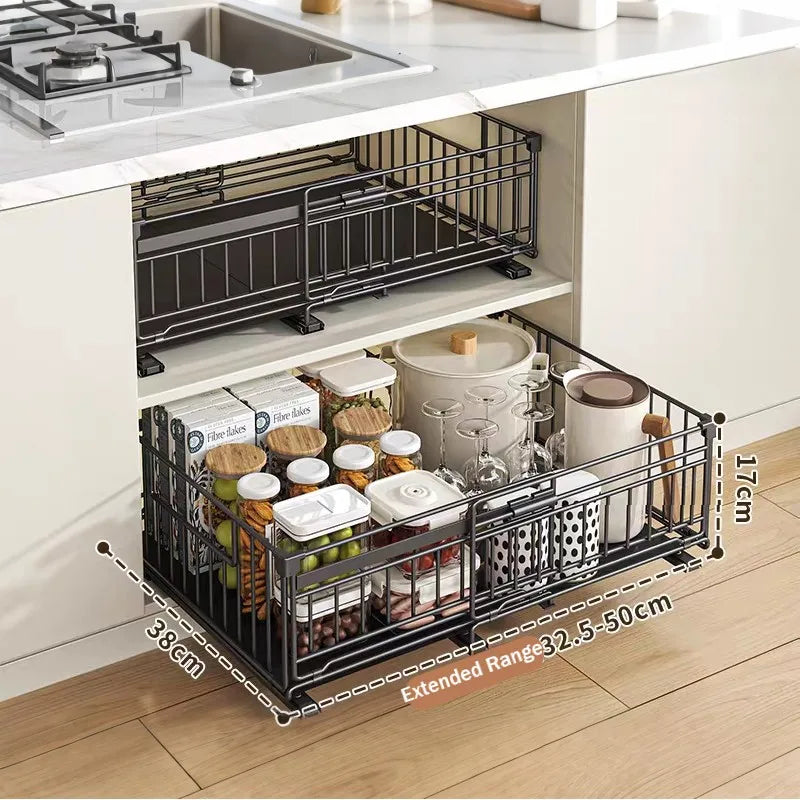 2Pcs Pull-out Cabinet Storage Rack Kitchen Scalable No-drilling Sliding Storage Drawer Racks for Seasoning&Sundries Organizer