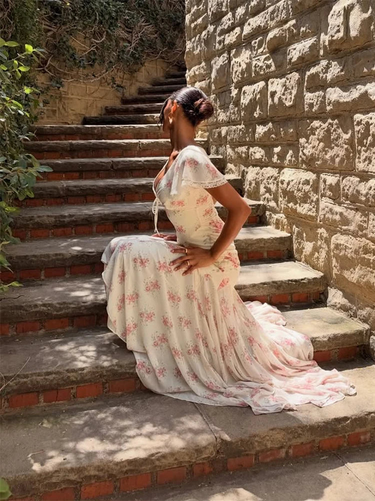 Women Elegant Printed Fishtail Dress Sexy V-neck Short Sleeve Waist-cinching Pleated Slim Maxi Dresses 2026 Lady Vacation Robe