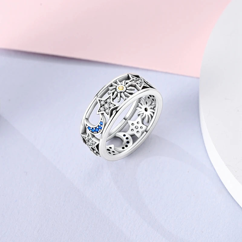 925 Sterling Silver Sun And Moon Crown Love Princess Zircon Oxide Enamel Heart Love Rings Fashion Jewelry For Women Gifts New in