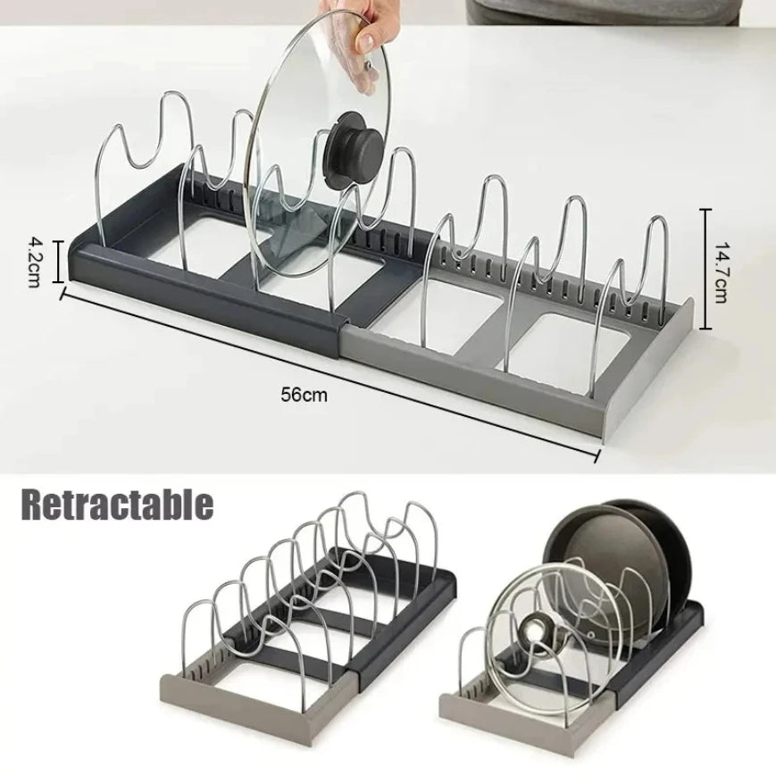 Kitchen Storage Solution Expandable Stainless Steel Rack for Pan Pot Lid Cutting Board Dish Drying and Cookware Organizer