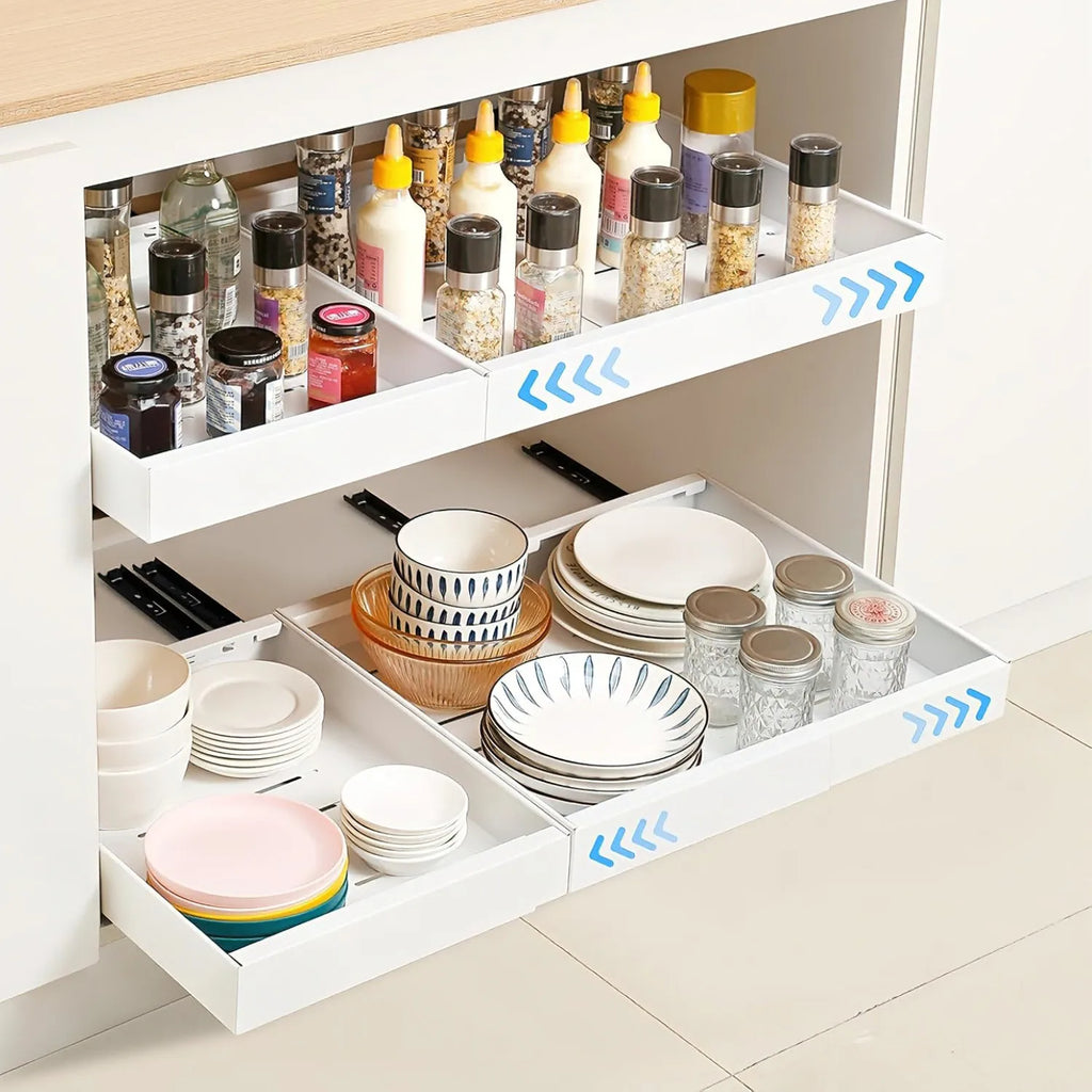 2/1Pcs Telescopic Drawer Extendable Pull-Out Cabinet Baskets No Drilling Kitchen Spice Jar Storage Rack Sundries Storage Holder