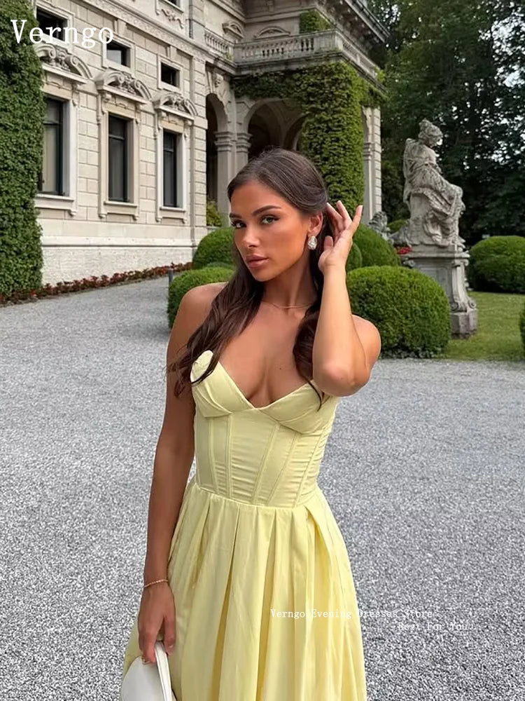 Verngo Baby Yellow Crepe Evening Dress Sweetheart A Line Pleated Prom Gowns Modern Simple Party Dresses Customized