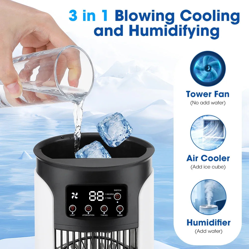 Mini climatiseur d’air portable 3-en-1 – Ventilateur, humidificateur et veilleuse LED