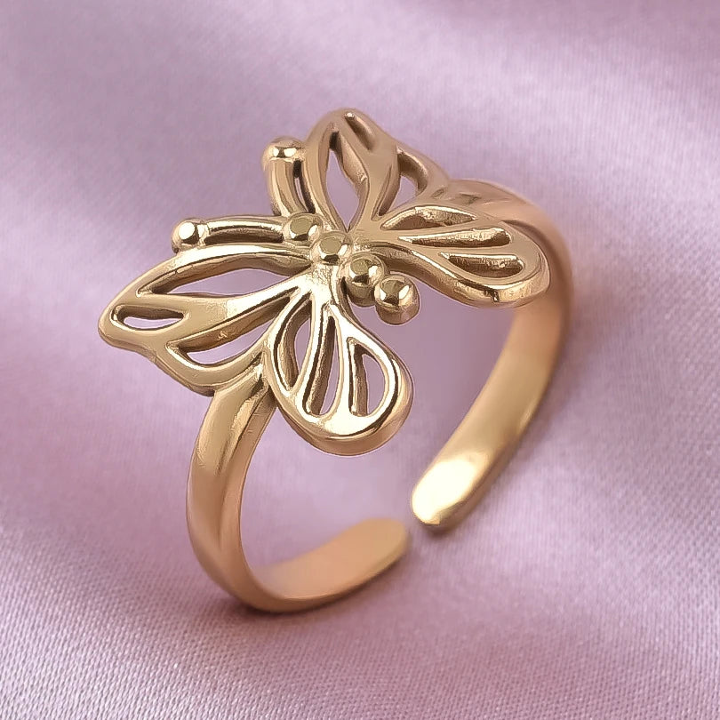1/5Ppcs/Lot Real Gold Plated Stainless Steel Rings For Women Men Accessories Open Adjsutable Chunky Butterfly Heart Ring Anillos