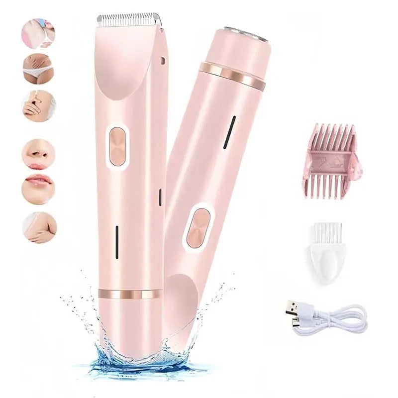 Rasoir électrique rechargeable 2-en-1 pour femme – Double tête, étanche, tondeuse bikini et rasoir pour le corps et le visage.