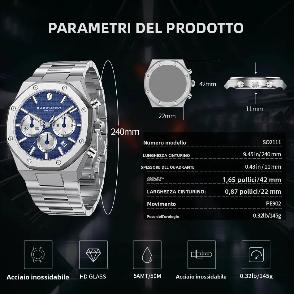 SAPPHERO Men’s Chronograph Quartz Watch 50M Waterproof Stainless Steel Sport Business Luxury Wristwatch Blue Dial