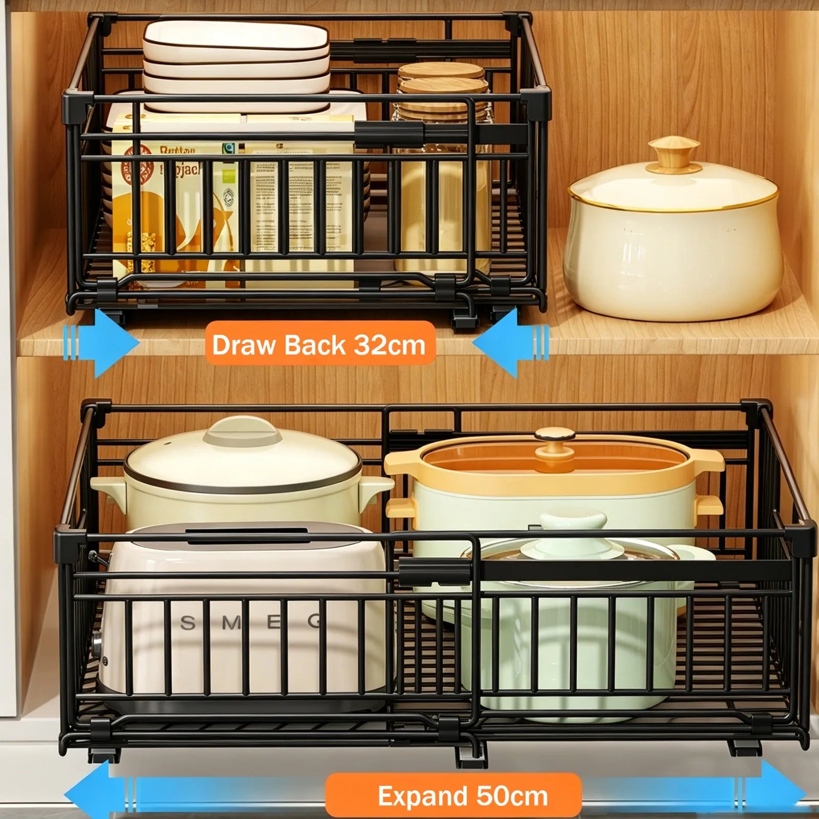 2Pcs Pull-out Cabinet Storage Rack Kitchen Scalable No-drilling Sliding Storage Drawer Racks for Seasoning&Sundries Organizer