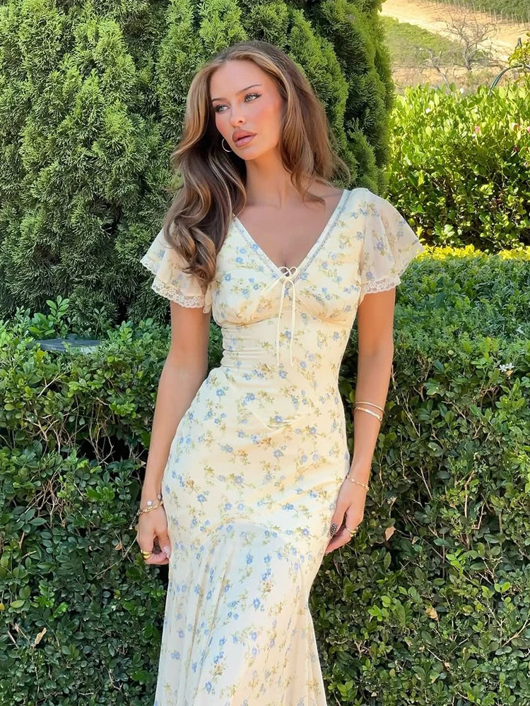 Women Elegant Printed Fishtail Dress Sexy V-neck Short Sleeve Waist-cinching Pleated Slim Maxi Dresses 2026 Lady Vacation Robe