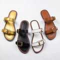 Ladies Casual Buckle Strap Flat Sandals – Open Toe Leather Slide Slippers for Summer Beach & Daily Use