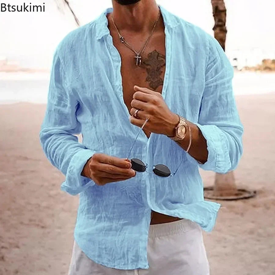 2026 Men's Cotton Linen Shirts Top Simple Laple Solid  Man Shirts Tops Comfortable Loose Casual Holiday Shirts for Men Blouses