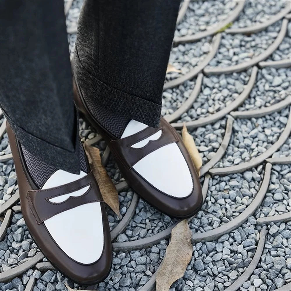 Color Blocked Lazy Shoes Round Toe Handmade Cowhide Summer Casual Men Loafers British Style Slip On Business Formal Shoes