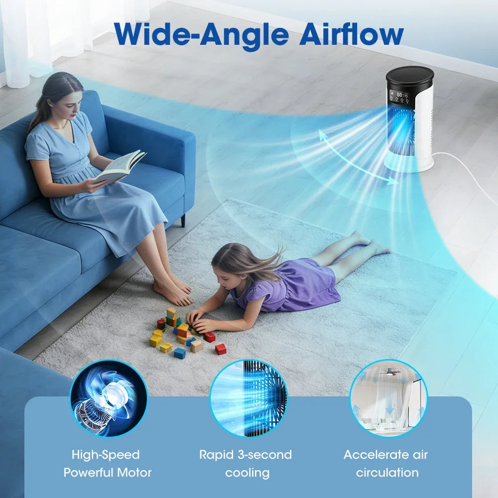 Mini climatiseur d’air portable 3-en-1 – Ventilateur, humidificateur et veilleuse LED