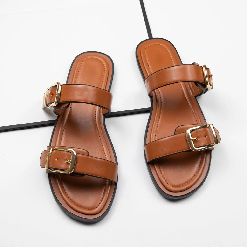 Ladies Casual Buckle Strap Flat Sandals – Open Toe Leather Slide Slippers for Summer Beach & Daily Use