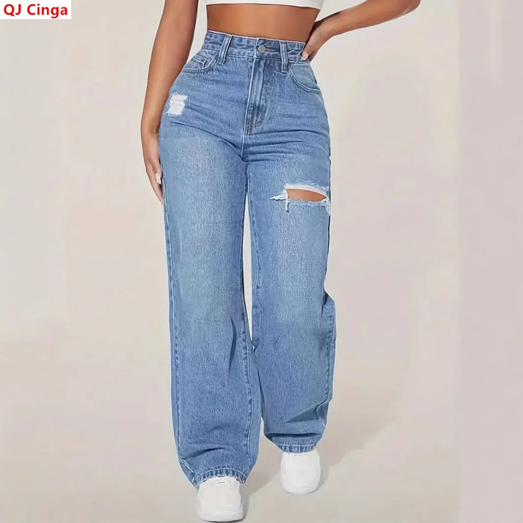 Women's Blue Ripped Jeans for Spring and Summer; Black Distressed Non-stretch Denim Pants with Frayed Hems for Fall.