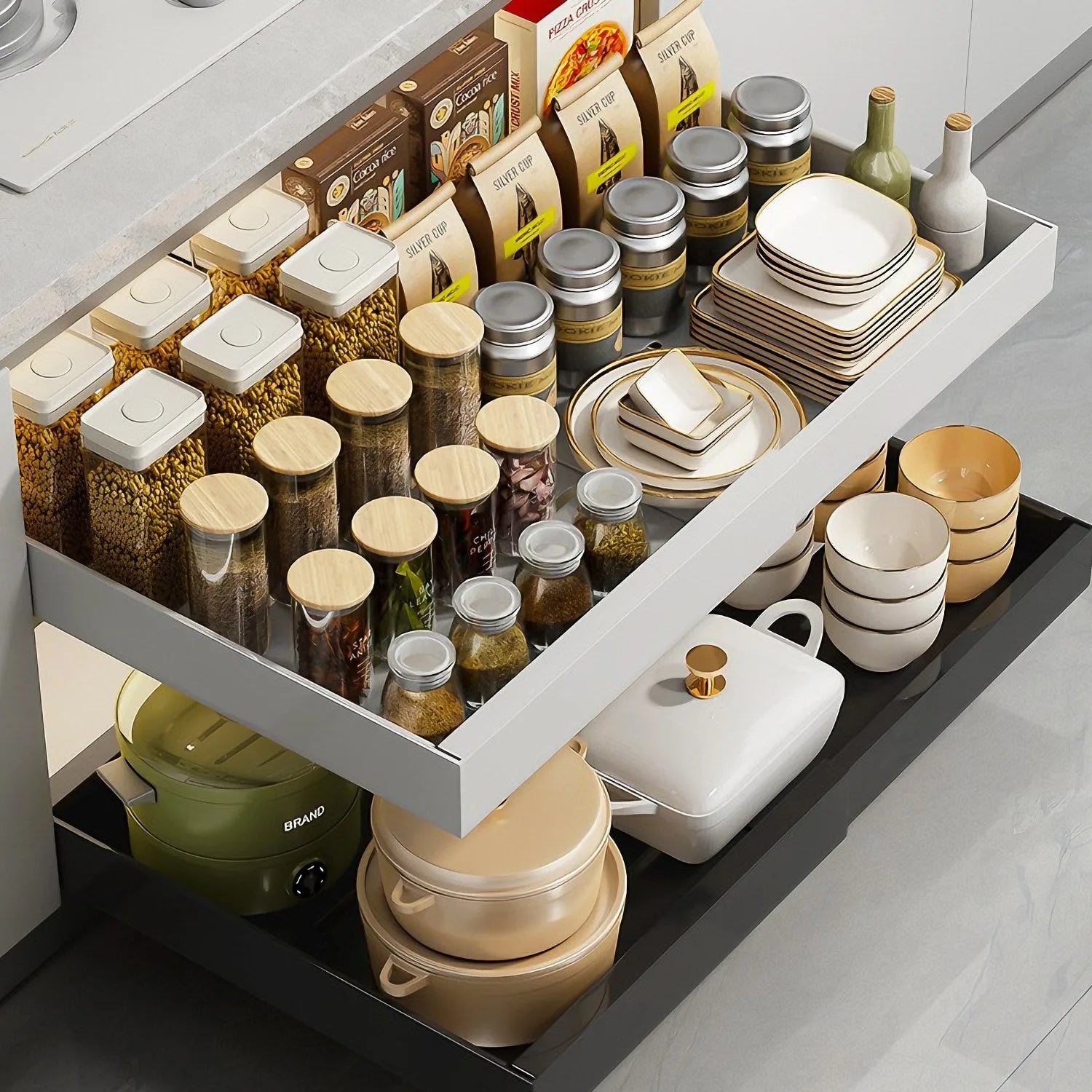 2/1Pcs Telescopic Drawer Extendable Pull-Out Cabinet Baskets No Drilling Kitchen Spice Jar Storage Rack Sundries Storage Holder
