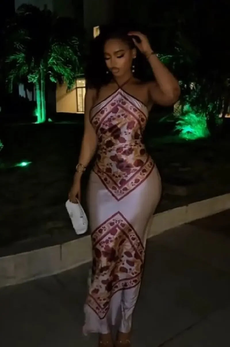 Chic Elegant Satin Dress Floral Print Slim Bodycon Women Dresses Evening Party Wedding Guest Summer Streetwear