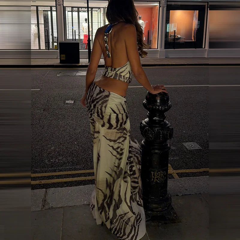 2026 Summer Women Zebra Print Mesh Matching Set Halter Cowl Neck Open Back Crop Top  Wrap Maxi Skirt Vacation Night Out Outfit