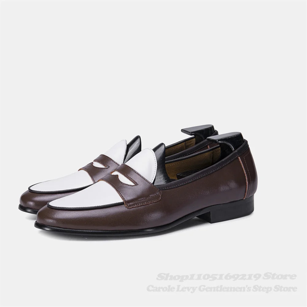 Color Blocked Lazy Shoes Round Toe Handmade Cowhide Summer Casual Men Loafers British Style Slip On Business Formal Shoes
