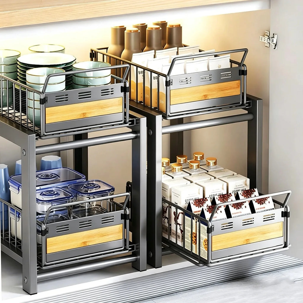 2 Tier Pull Out Cabinet Organizer Adjustable Kitchen Storage Rack Under Sink Organizer Spice Storage Rack Sliding Storage Drawer