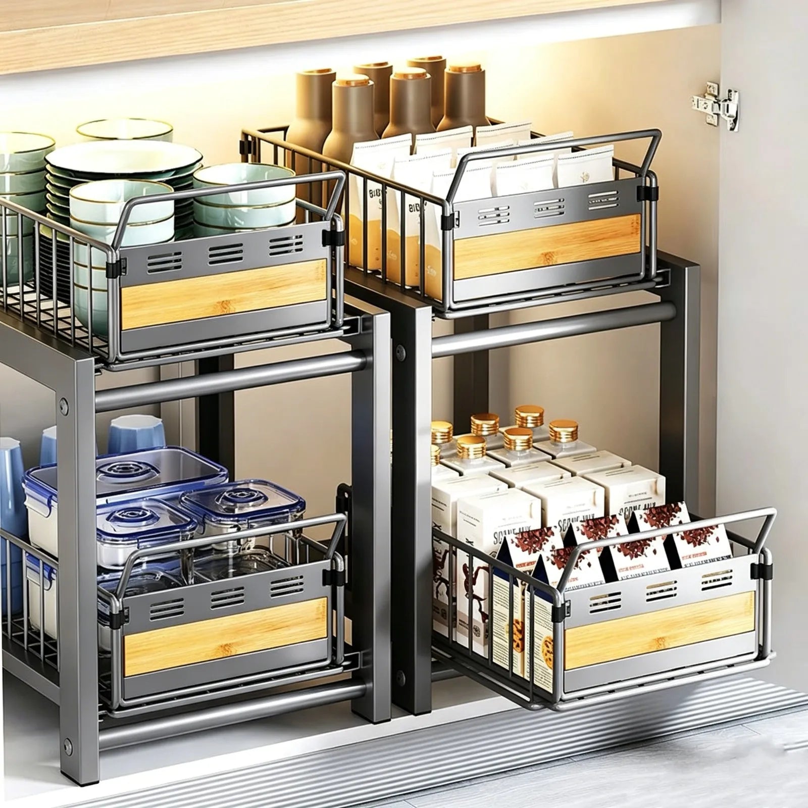 2 Tier Pull Out Cabinet Organizer Adjustable Kitchen Storage Rack Under Sink Organizer Spice Storage Rack Sliding Storage Drawer