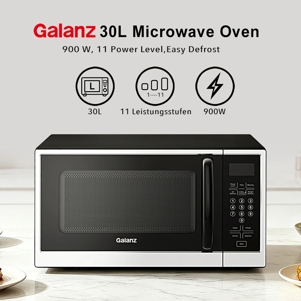 Galanz 30L Microwave Oven, 900W with 11 Power Levels, Digital Control, Fast Defrost, Easy to Clean Interior, Black & Silver Design for Home Kitchen Use