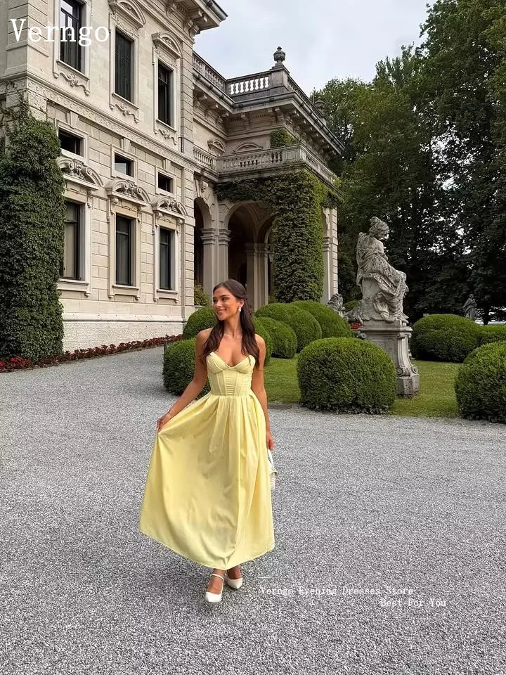 Verngo Baby Yellow Crepe Evening Dress Sweetheart A Line Pleated Prom Gowns Modern Simple Party Dresses Customized